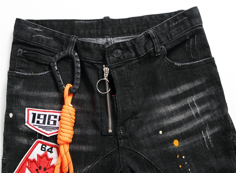 Skinny jeans herre strækprintede ripped sorte jeans til mænd maling bukser splejs streetwear efterår vinter hip hop
