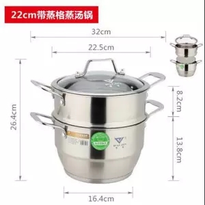 Stainless Steel Pot Small Steamer Double Thickening Cooking Dual-use Pot One or Two Layer Soup Pot Stew Pot Steamer Pot Bamboo: 22CM 2 layers