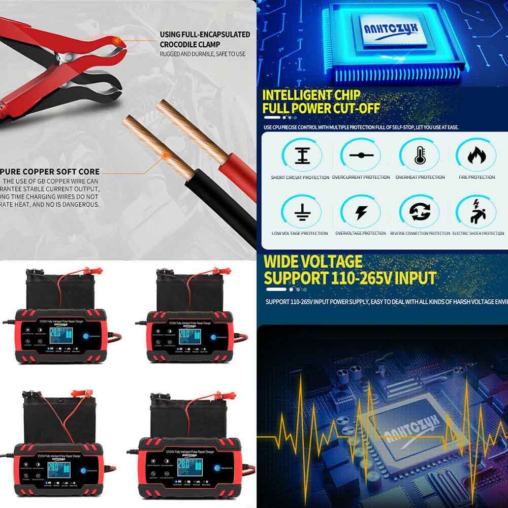 12/24V 8A LCD Battery Charger Touch Screen Smart Automatic Pulse Repair Charger for Car Motorcycle