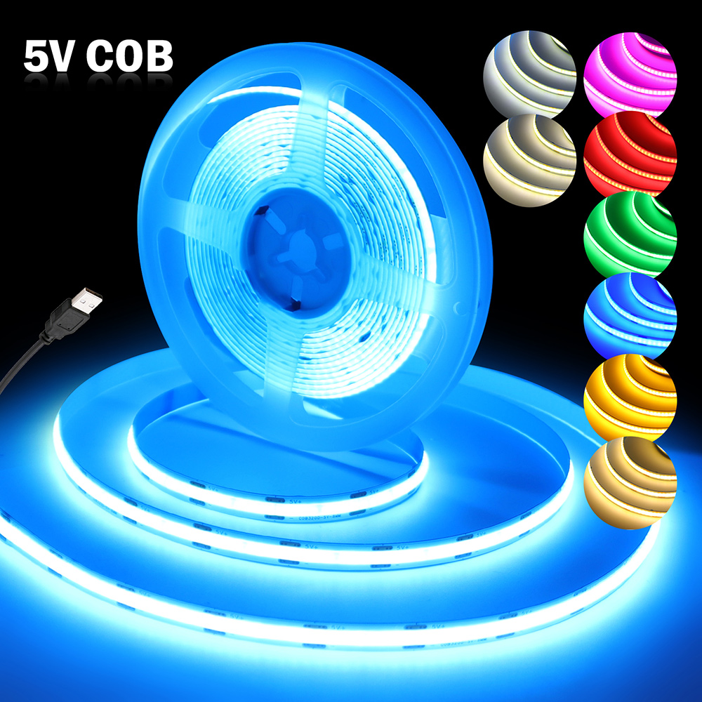 5v usb cob led -nauhaa, 320 lediä, joustava teippi, 8mm piirilevyä, valkoinen/punainen/vihreä/vaaleanpunainen/jäänsininen/keltainen nauha, yölamppu, television taustavalot