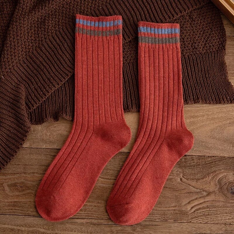 Chaussettes Vintage en coton pour femmes, longues, amples, solides, tricotées, rayées, respirantes, collection printemps-automne: Red