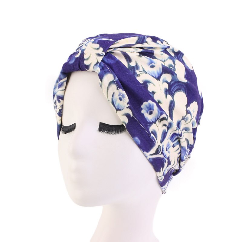 Moslim hoofddeksel tulband bedrukte katoenen hoofdband pet elastische knoop dames chemotherapie hoed afrikaanse kap verlies haarbedekking: Marineblauw
