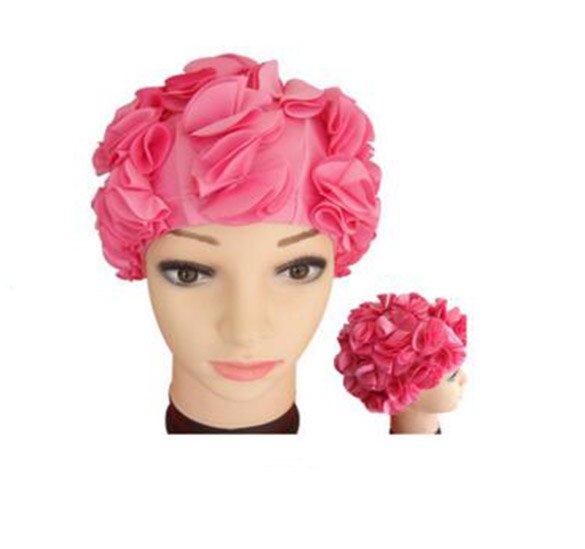 Kvinder damer vintage stil blomsterblomst voksen badehætte fri størrelse elastisk svømme badehue hårbeskyttelse: Lyserød