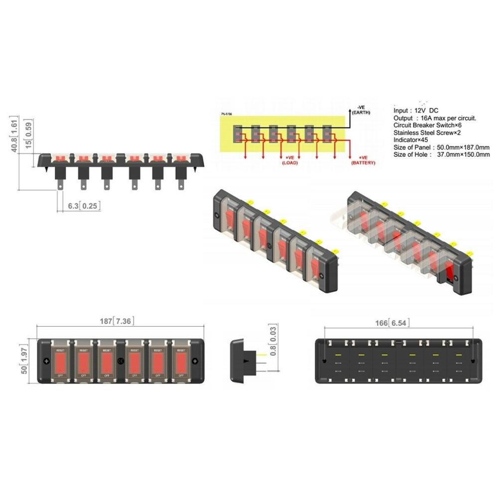 Interrupteur à bascule LED 6 gangs DC 12V 16A pour voiture et bateau, disjoncteur de panneau marin, Bus fusible Suv, interrupteur de Protection hors tension multidirectionnel