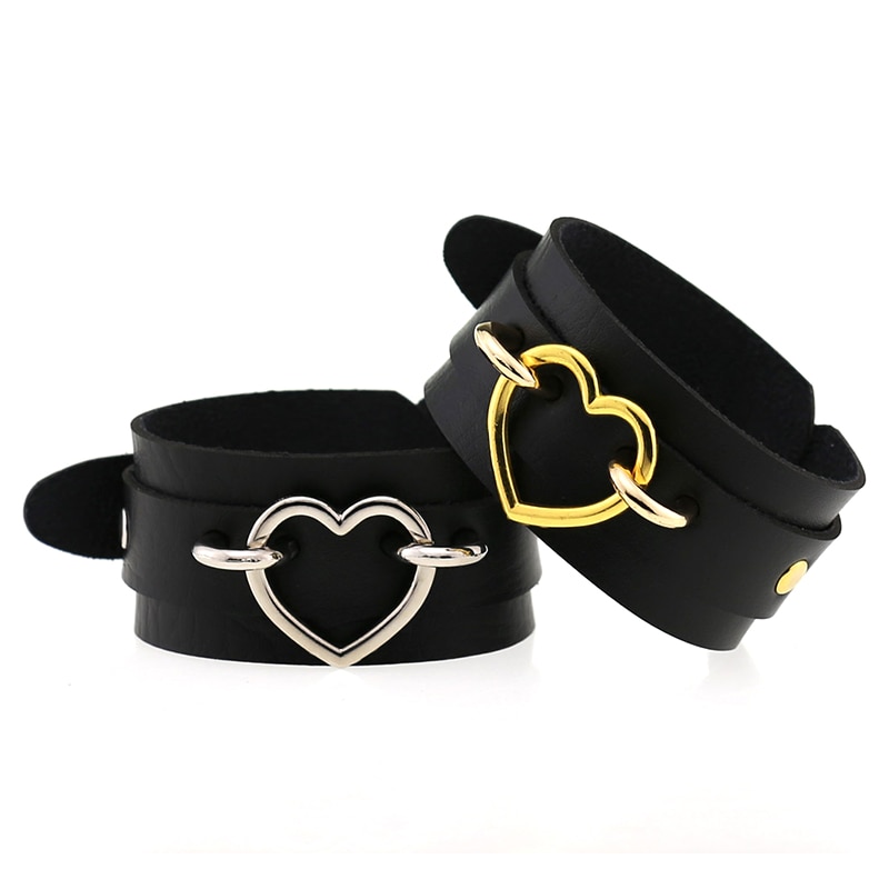 Punk Heart Bracelet Black Leather Wristband Cuff Goth Armbands Bracelets Women Men Metal Jewelry