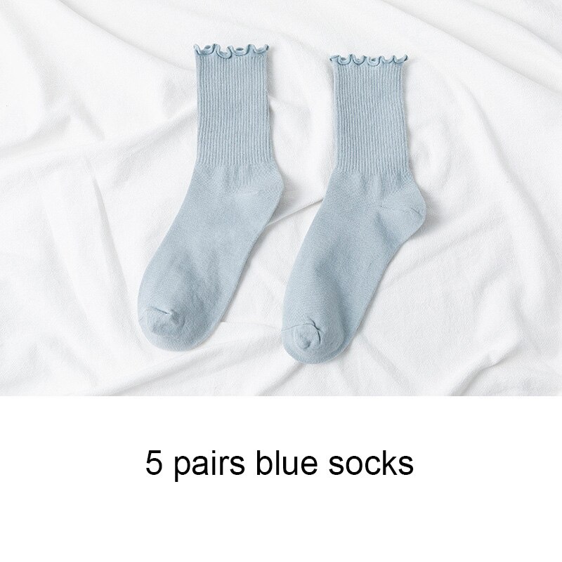 5 Pairs Women Cotton Ruffle Frilly Socks Black White Cute Autumn Winter Socks Solid color Soft Happy Girl Socks: F blue