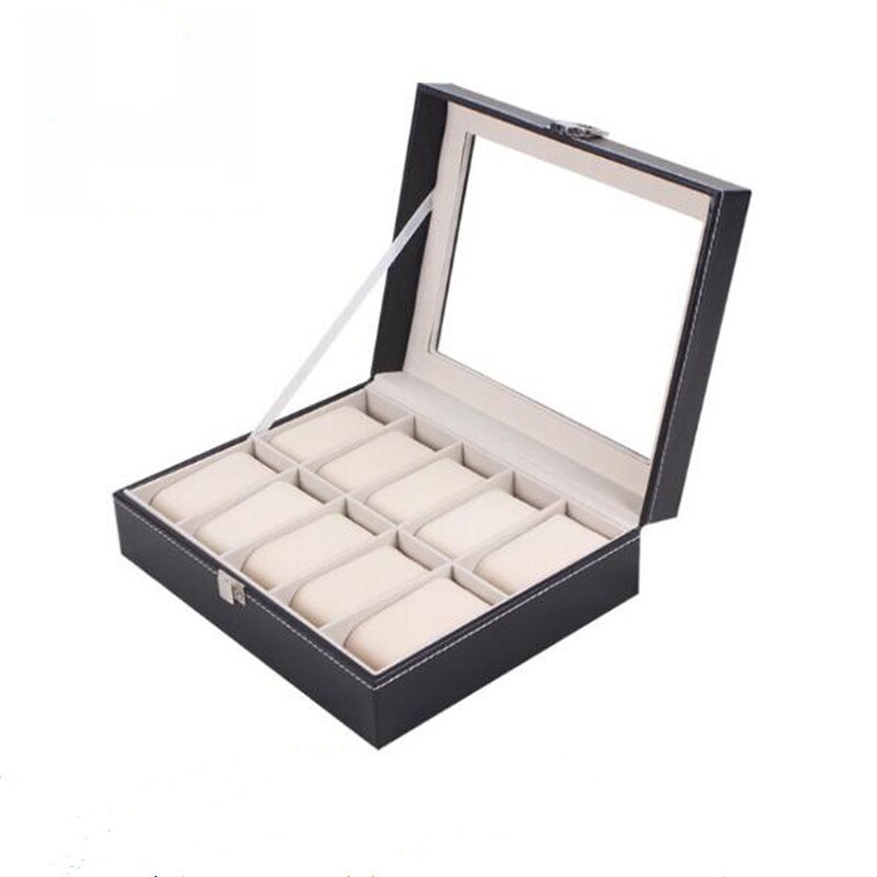5/6/10/12 ranuras caja de Reloj portátil de cuero PU con cremallera/cerradura relojes de cuarzo estuche organizador de joyas cajas de exhibición mejor: A 10 Grid Watch Box