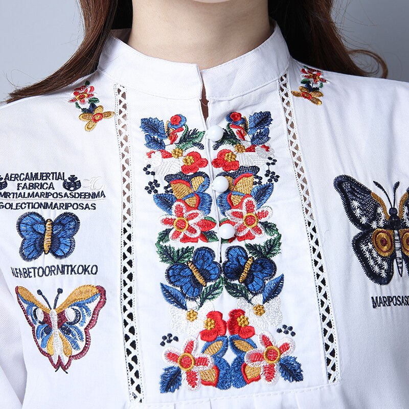 primavera mariposas Casual Camisa blanca suelta Vintage Ethnic camisas Tops blanco algodón bordado blusa Blusas Largas