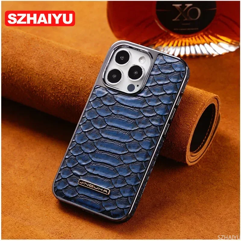 Luxury Python Texture Leather Electroplating Phone Case For iPhone 15 14 13 12 16 Pro Max Back Cover with Built-in Flannel