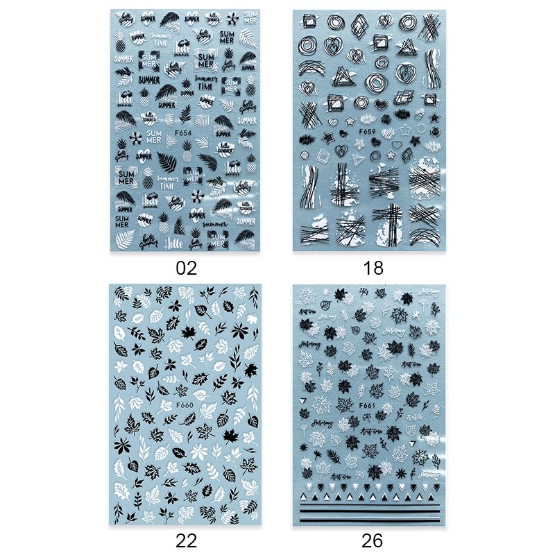 4 stk sommer nail art klistermærker blade bogstav geometrisk 3d selvklæbende skyder negle dekoration guld sort hvid manicure folie sæt: 06