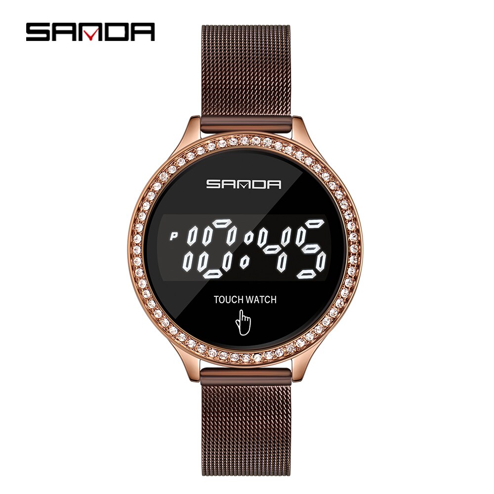 Sanda Dames Grote Horloges Mesh Band Leisure Elegante Vrouw Horloge Diamant Digitaal Horloge Top Luxe Horloge Klok: Coffee