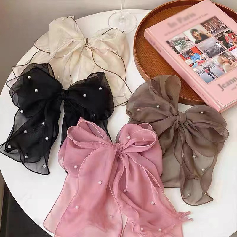 Pinces à cheveux en mousseline de soie avec nœud papillon pour femme, nœud de perle de ruban pour femme, épingle à queue de cheval, nœuds barcords, vêtements de sauna élégants, accessoires de luxe