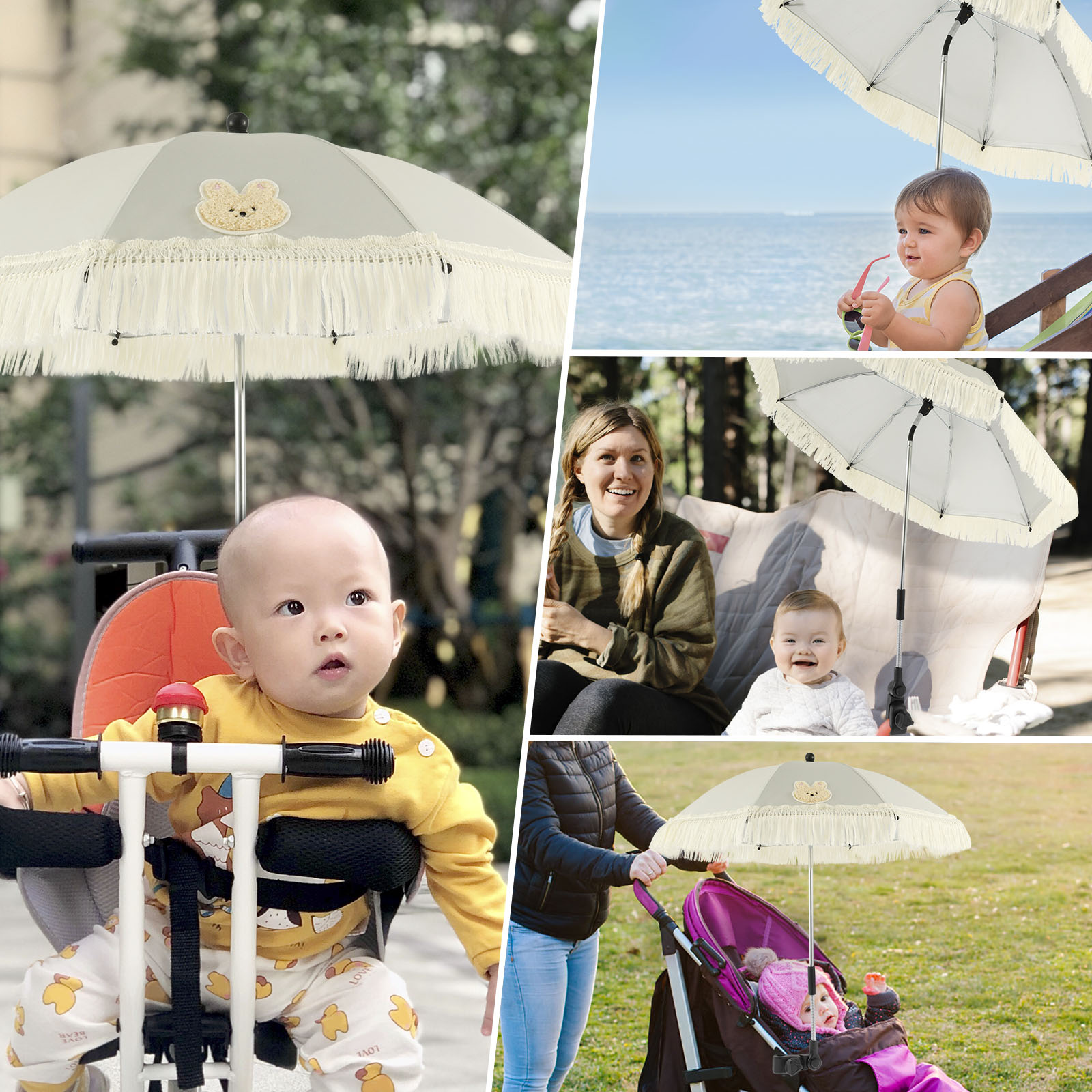 Kinderwagen-sonnenschirm für draußen, upf 40, niedlicher Clip-sonnenschirm, verstellbarer kinderwagen-regenschirm mit quaste für kinderwagen