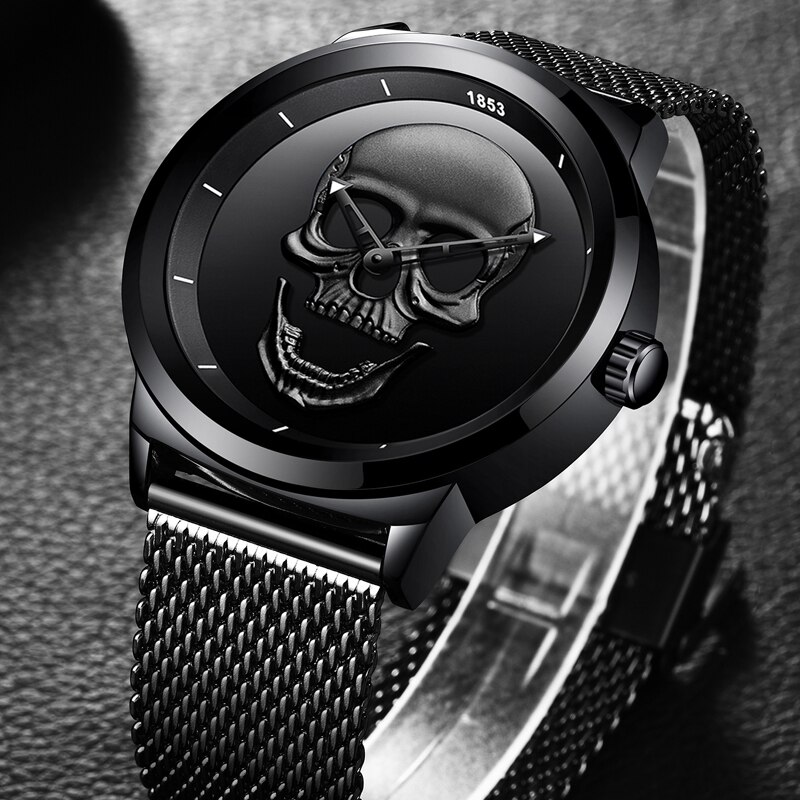 2018 lige mærke cool punk stil pirat skelet kranium quartz herreure mesh stål sport sort ur herre relogio masculino+box