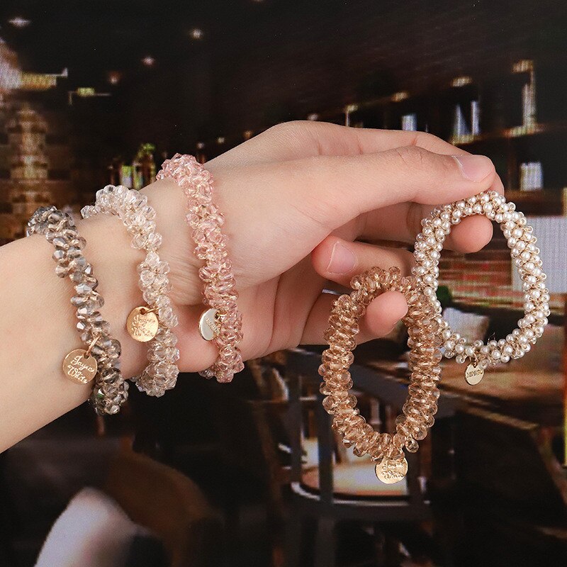 Anneaux de cheveux en perles de cristal pour femmes, attaches de perles, supports de queue de cheval, accessoires pour cheveux, bande élastique pour cheveux, chouchous pour filles, bracelet