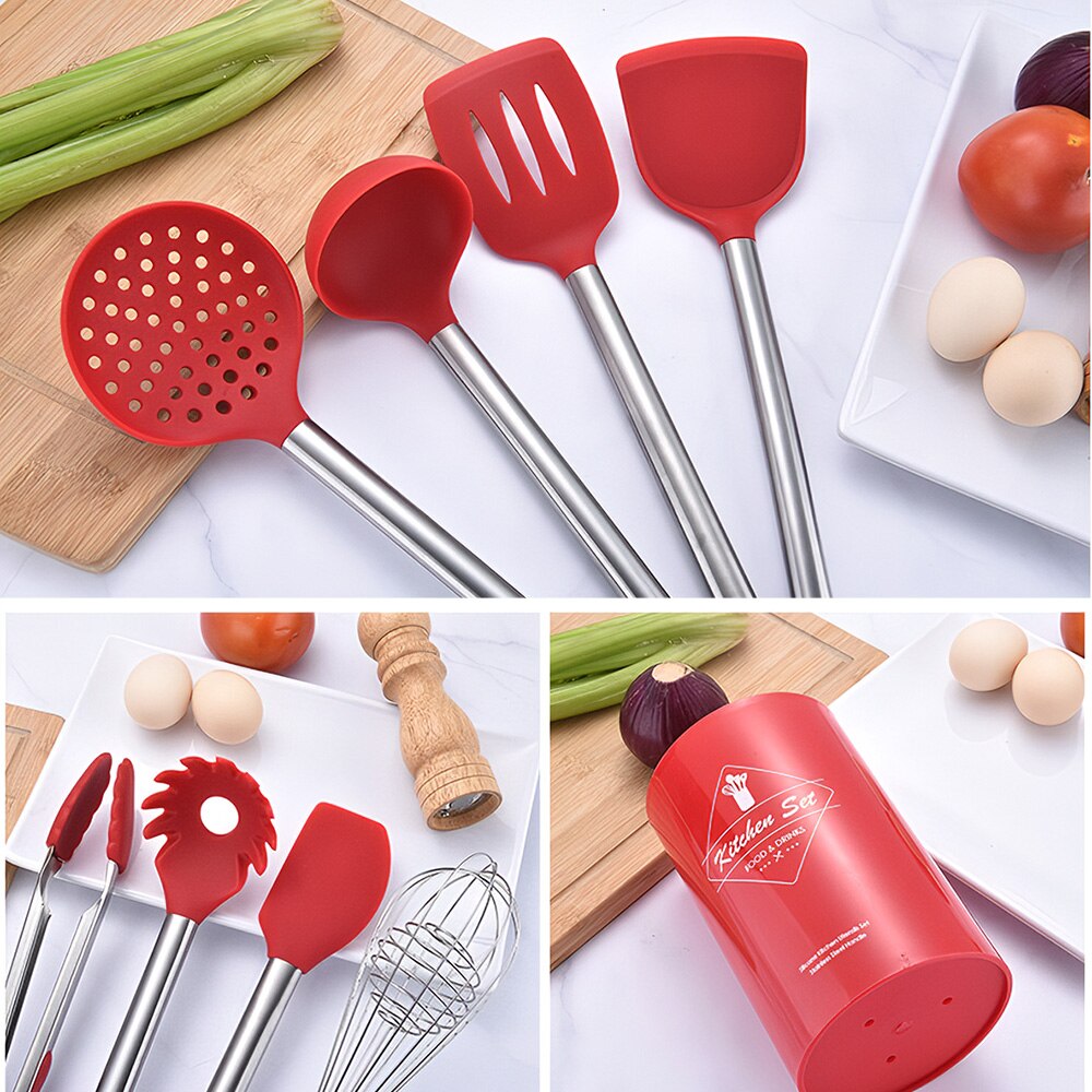 8 Uds juego de utensilios de cocina rojos aparatos cocina silicona espátula de madera con caja de soporte conjunto de herramientas de cocina