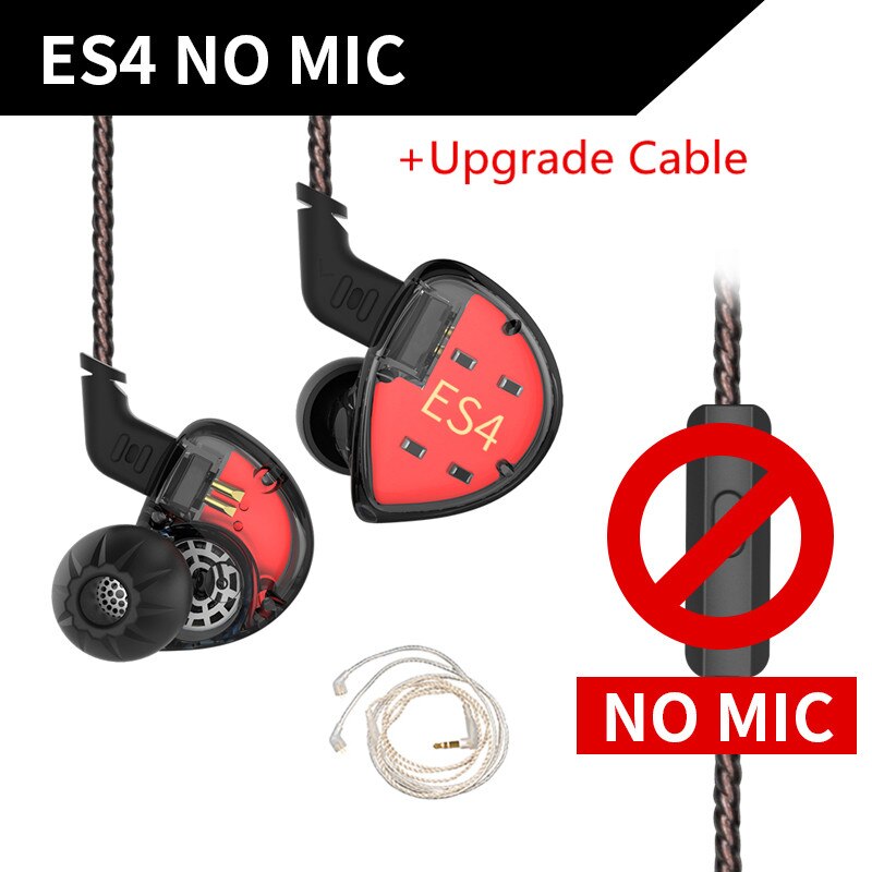 KZ-auriculares internos Hifi híbridos ES4 1DD + 1BA, con controlador dinámico, cancelación de ruido, Cable de repuesto, AS10, ZS10, BA10, ZST, ES3, ZSN: black no mic (silver