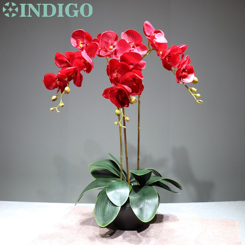 Arrangement fleur orchidée INDIGO-rouge grand 90cm (3 orchidée + 3 feuilles) vraie touche fleur décoration de fête de mariage