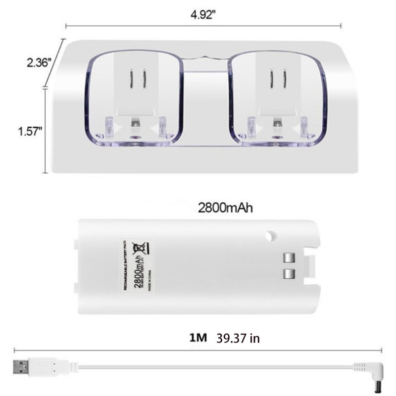 Suitable for Wii Controller with Two 2800MAH Rechargeable Batteries Noiseless Safe Two-in-one Dual Charging Station T84C