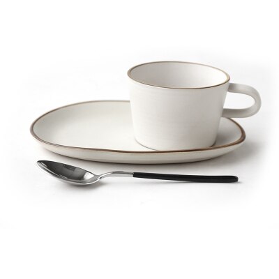 Japanese Retro Cup Saucer Set Ceramic Coffee Breakfast Cup Stoneware Cup Set: Set A with spoon