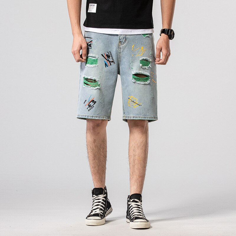 Lato bawełna z dziurami, dżinsowe szorty męskie porwane jeansy Retro jeansy męskie spodenki bermudy deskorolka Harem mężczyzna Jogger do kostek: D27 / 36