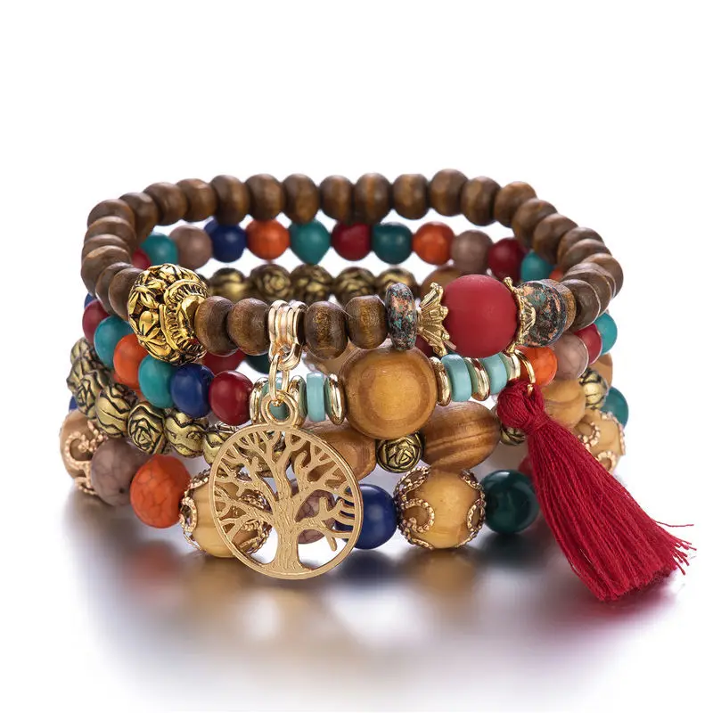 Conjunto de pulsera de árbol de la vida para mujer, brazalete de cadena elástica con cuentas de madera y borlas, joyería de para: Marrón rojizo