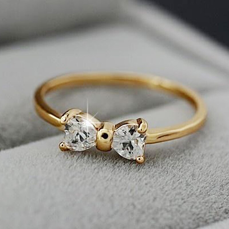 Crystal Rings Classic Gold Color Finger Bow Ring Unique Romantic Wedding Engagement Party Rings For Women