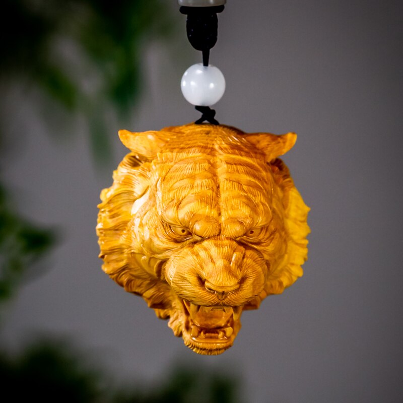 Statue porte-bonheur en buis de 5cm et 6cm en forme de tête de tigre, pendentif du zodiaque chinois Feng Shui, décoration de maison