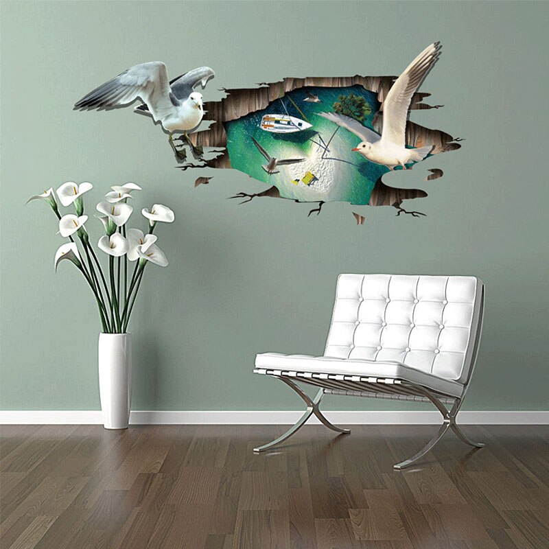 3D stéréo cassé trou mouette Stickers muraux chambre salle de bain sol décalcomanies vinyle imperméable auto-adhésif Animal autocollant décor