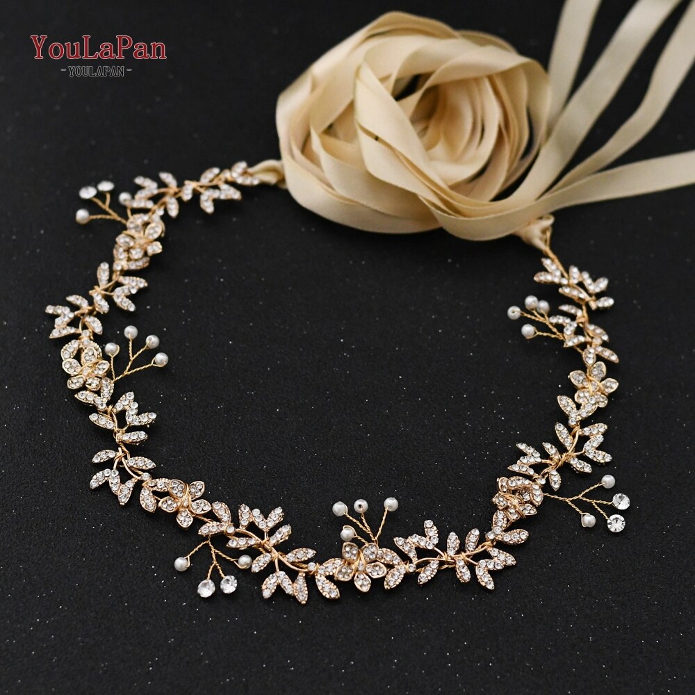 YouLaPan-Cinturón de boda SH89 dorado con diamantes de imitación, cinturón de boda, cinturones de novia con flores doradas con perlas: Champagne ribbon