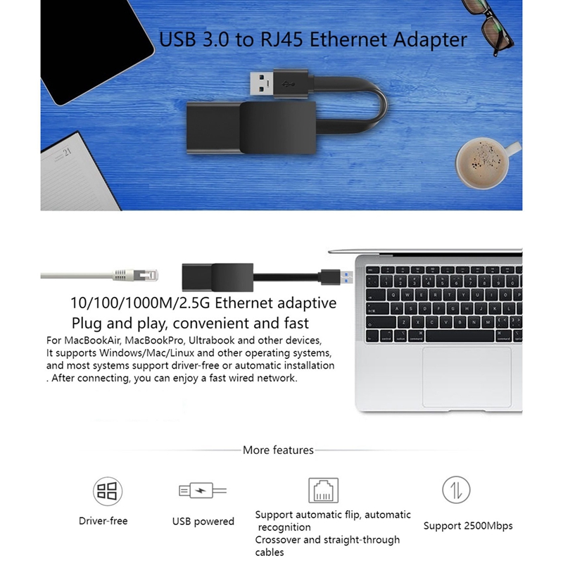USB 3.0 Ethernet Adapter Network Card, USB 3.0 To RJ45 2500Mbps LAN Internet Cable For Windows/Mac OS, Linux, Etc.