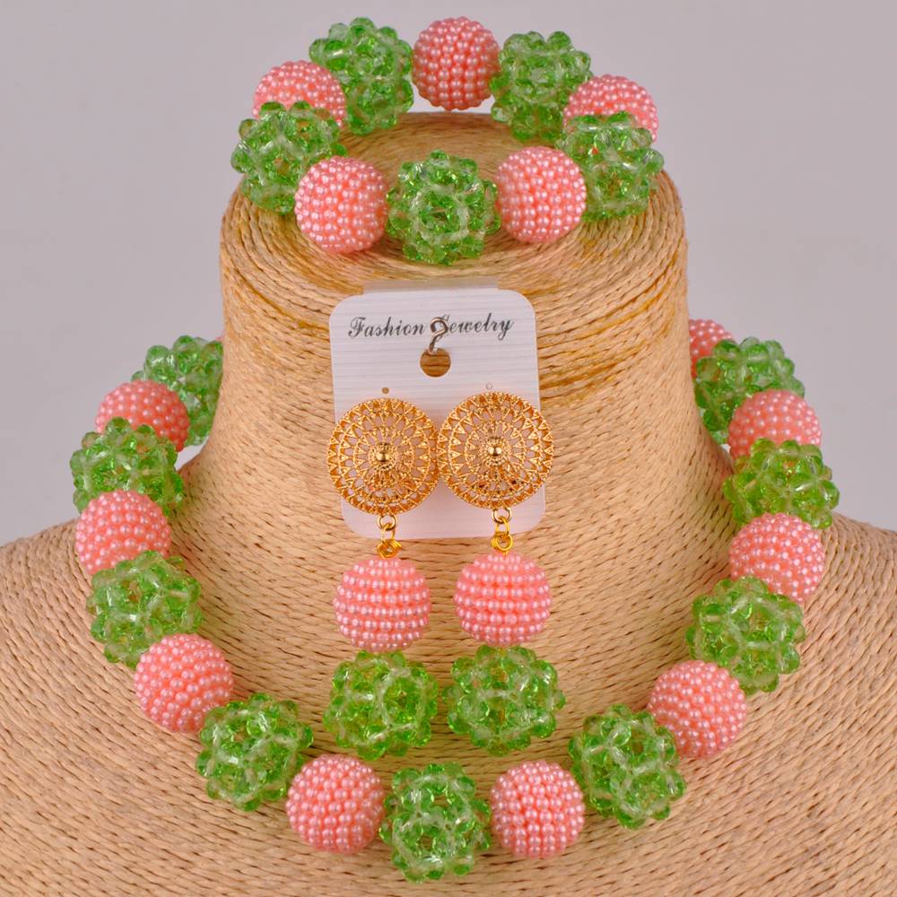 Royal Blue and Yelow African Beads Jewelry Set: Peach Pale Green