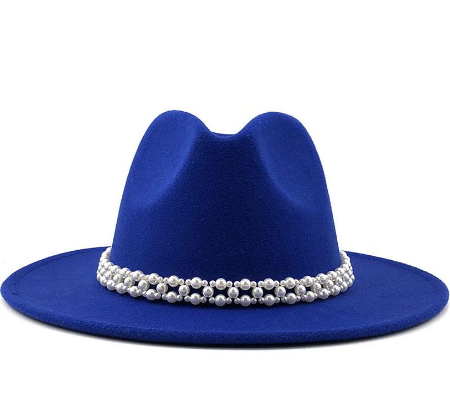 Women Wool Fedora Hat with Imitation Pearl Ribbon Gentleman Lady Winter Autumn Wide Brim Church Girl Jazz Cap: WYH-4957-2