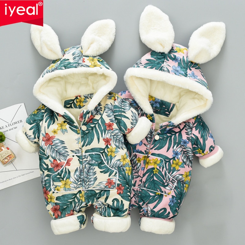 Iyeal 3D Konijnenoren Hooded Baby Rompertjes Winter Thicken Jongens Kostuum Meisjes Warm Baby Snowsuit Kid Jumpsuit Kinderen Bovenkleding