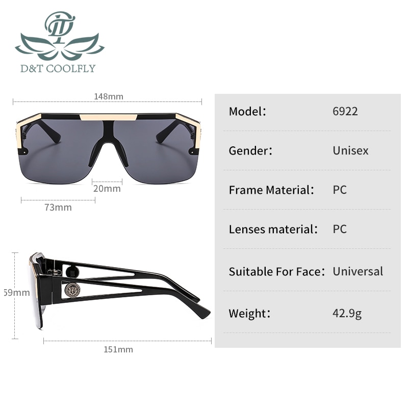 D&T Shield Sunglasses Men Women Color Lens Alloy Frame Rectangle Brand Sunglasses UV400