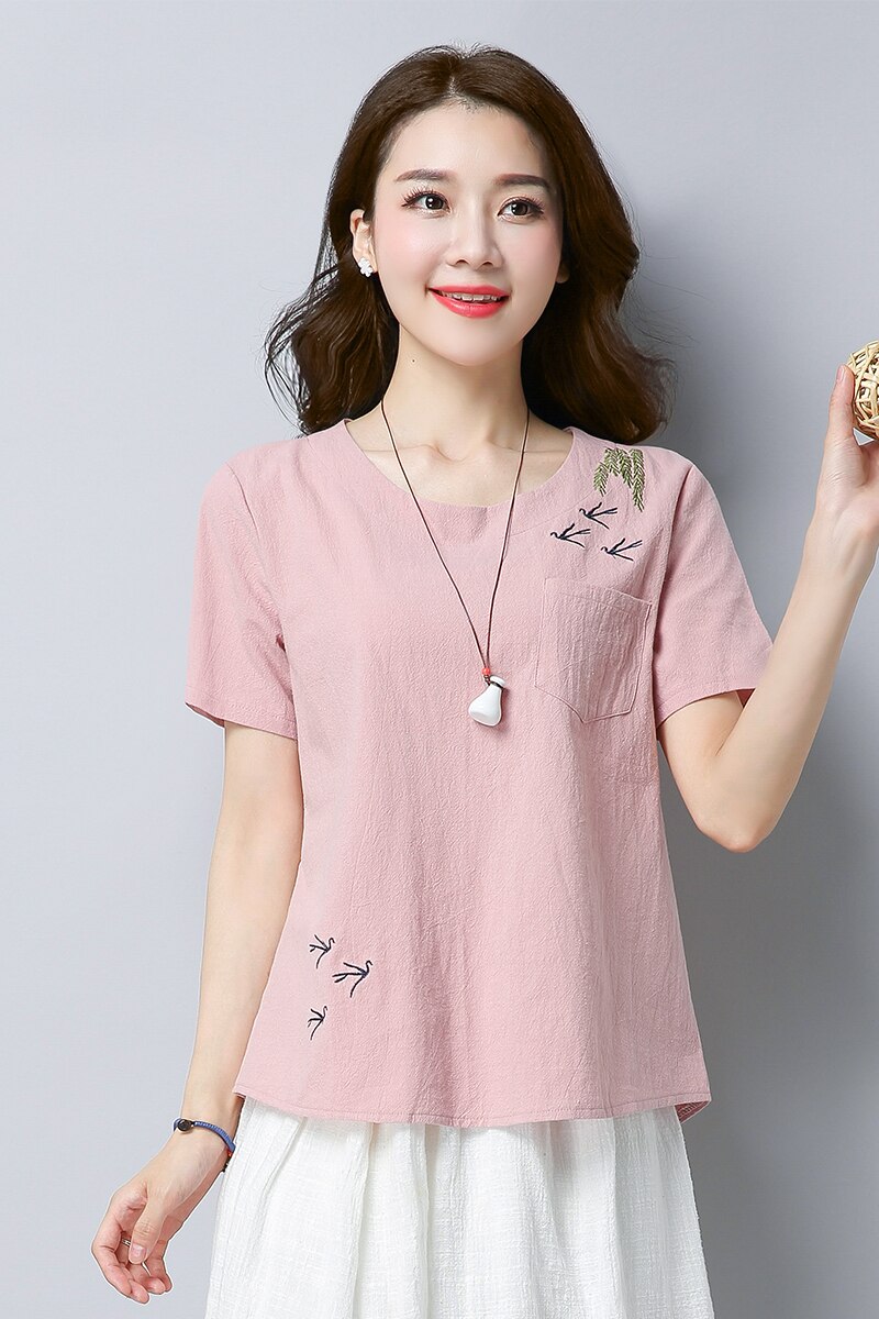 Zomer Zoete Losse Katoenen Linnen Vrouwen Shirt Blouse Korte Mouw Vrouwen Tops Blusas Borduren Vrouwen Kleding D834 30