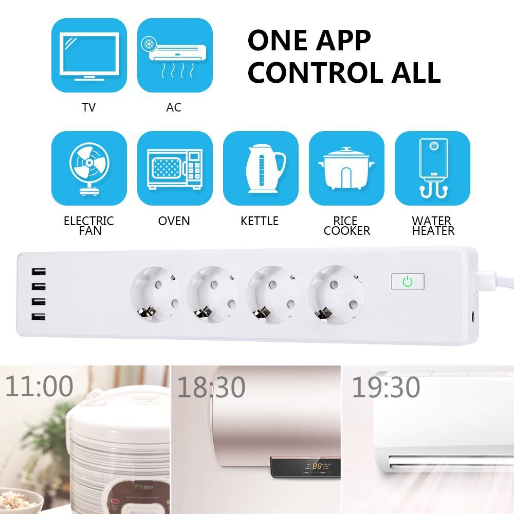 Plug Aangesloten Wifi Smart Power Strip Met 4 Smart Stekkers 4 Usb-poorten Verlengsnoer, werken Met Alexa & Google Assistent