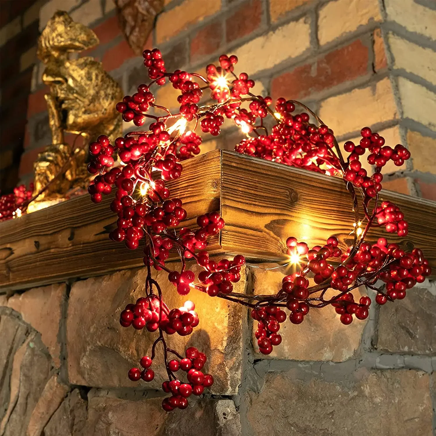 5.9ft/180cm Rode Bessen Kerstslinger Optionele verlichting Goud Zilver Bes Kunstmatige Garland Kerstdecoratie voor Nieuwjaar