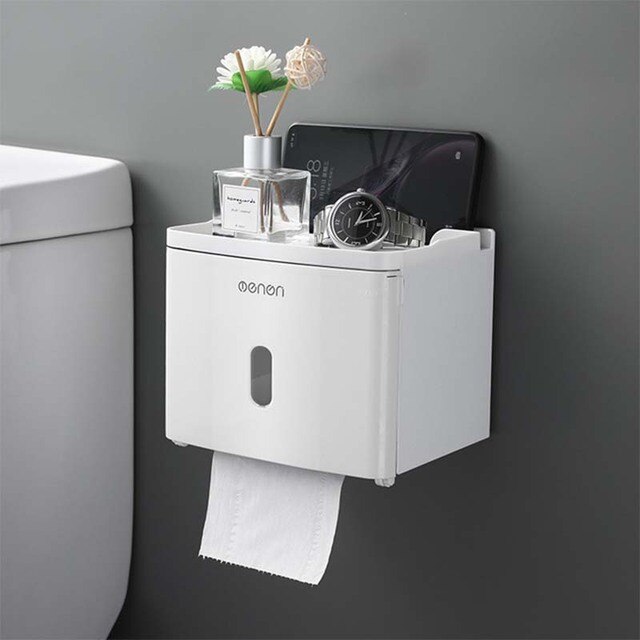 Toilet Paper Holder Wall-Mounted Waterproof Double Layer Storage Box Roll Tube for Toilet Paper Bathroom Accessories: White-001