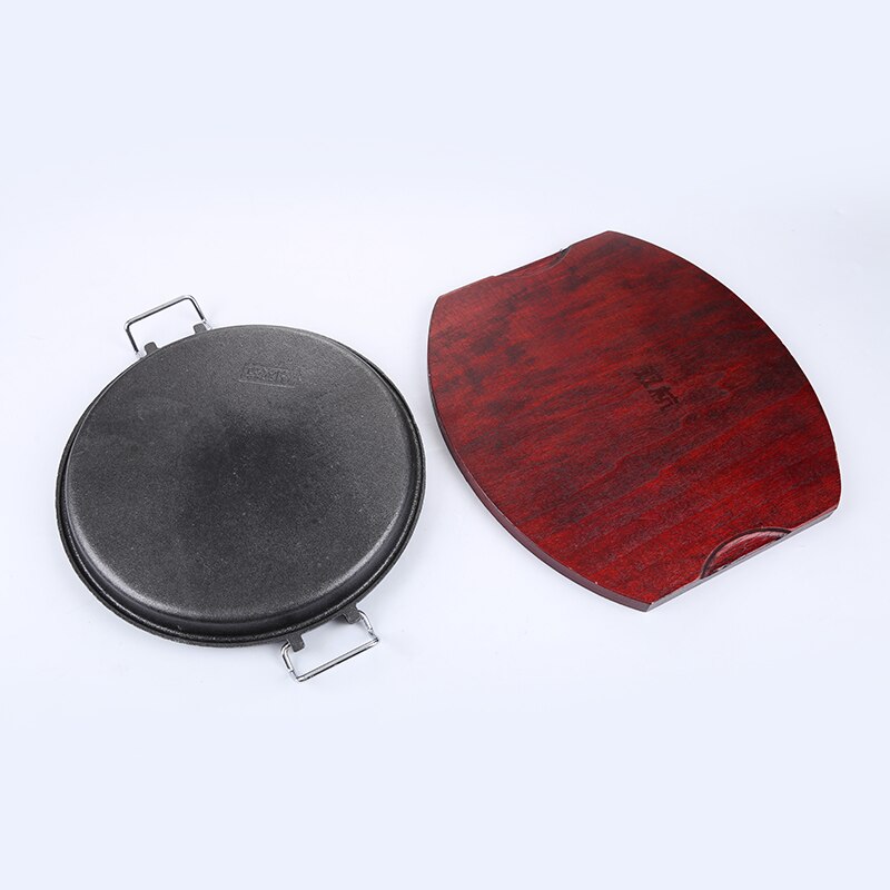 Cast iron electromagnetic oven baking pan iron frying steak plate commercial circular Korean BBQ food dish comal wood tray
