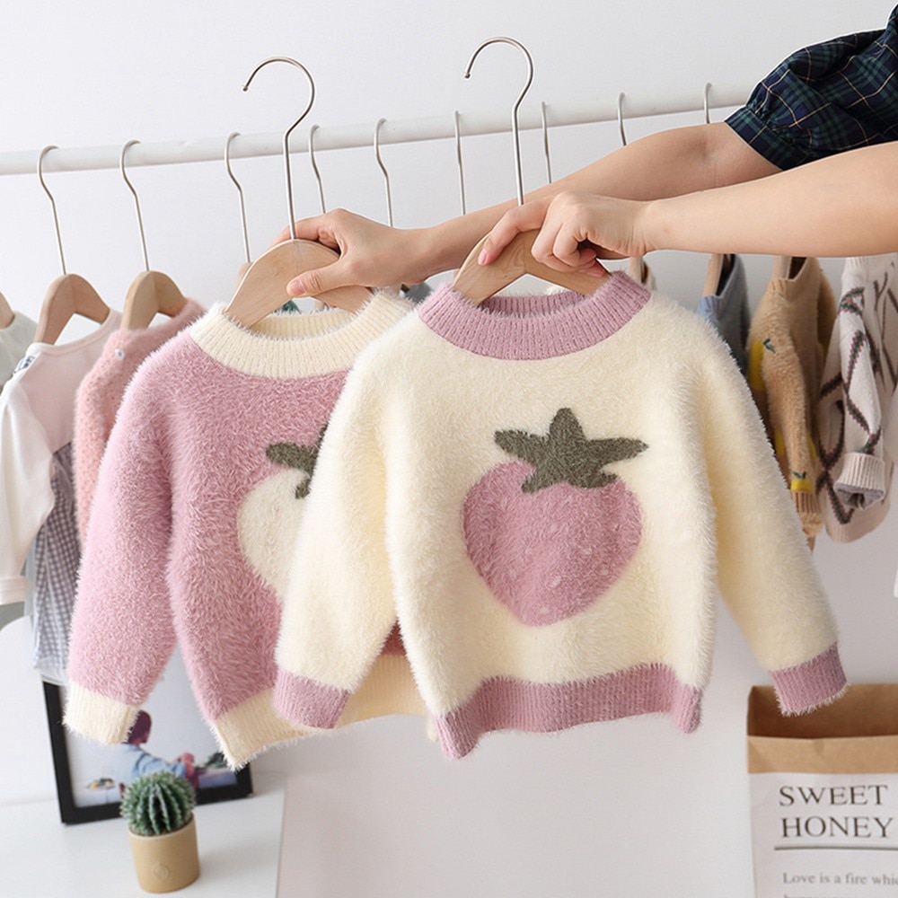 Efterår vinter piger børn jordbær strik strikning kint o-hals langærmet sweater toppe outwear  s9508