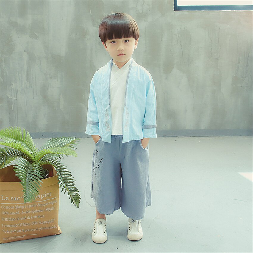 Vêtements traditionnels chinois pour garçons Hanfu enfants Tang Costume à manches longues lin 3 pièces chemise + manteau + pantalon Festival tenue Costume de danse