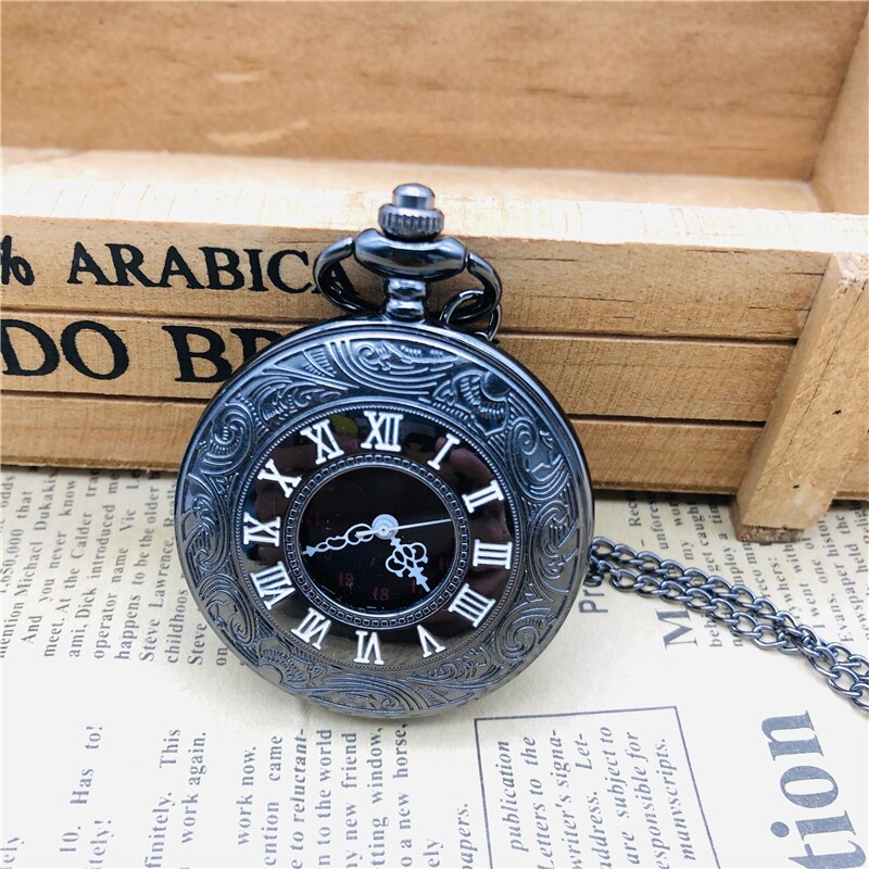 Steampunk Romeinse Cijfers Zakhorloge Mannen Vrouwen Hollow Case Vintage Fob Pocket Horloges Met Hanger Ketting Cep Saati: all black
