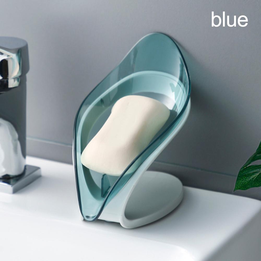 Gennemsigtig sæbe fad gennemsigtig badeværelse opbevaringsboks bladformet stansning afløb sæbeholder badeværelse opbevaring gadget: Blå