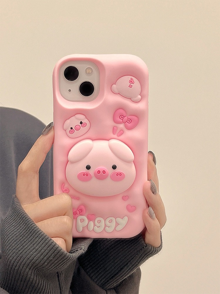 Leuke Grappige Varken Piggy Telescopische Beugel Case Voor iPhone 15 Pro Max 14 13 11 12 3D Roze Siliconen standhouder Achterkant