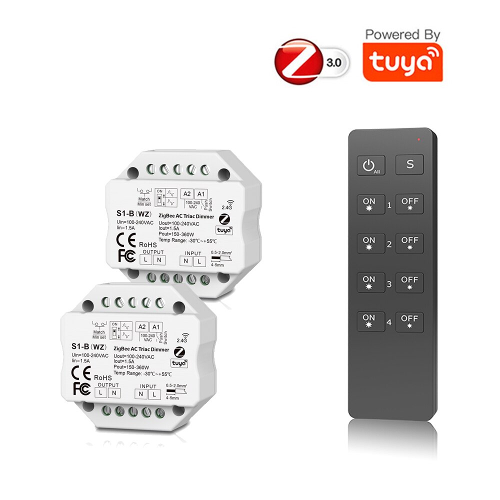 Tuya Zigbee AC Triac Dimmer 110V 220V 230V LED Dimmer Controller Push Switch DIY Module Wireless Remote Echo Plus Voice Control: 2x S1B(WZ) and RU4