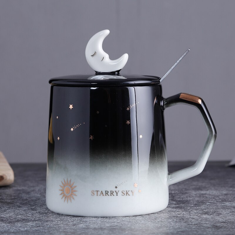 star mug individual trend ceramic water cup Nordic milk coffee tea cup with lid spoon: B