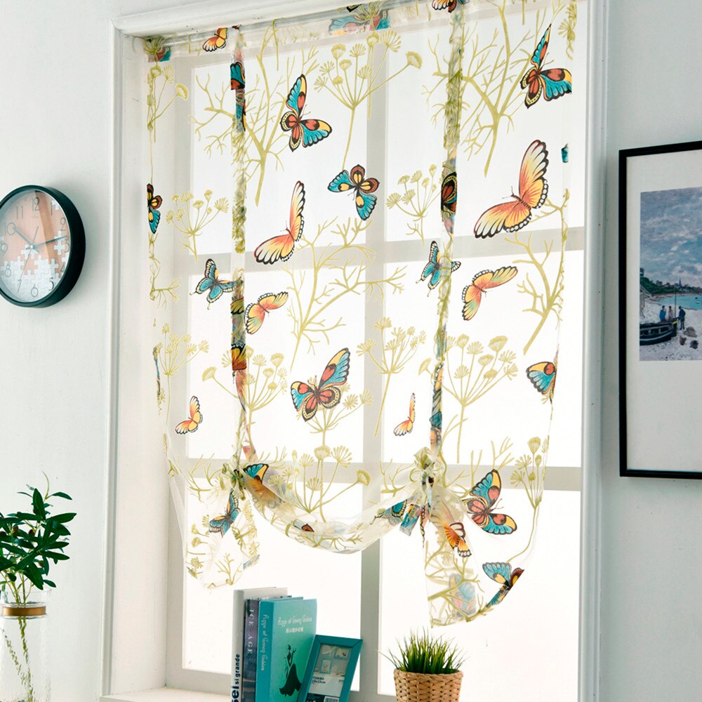 Rideau à tige relevable, beau rideau à motif papillon romantique, rideau court pour chambre à coucher, cuisine, salle de bain, décoration de maison
