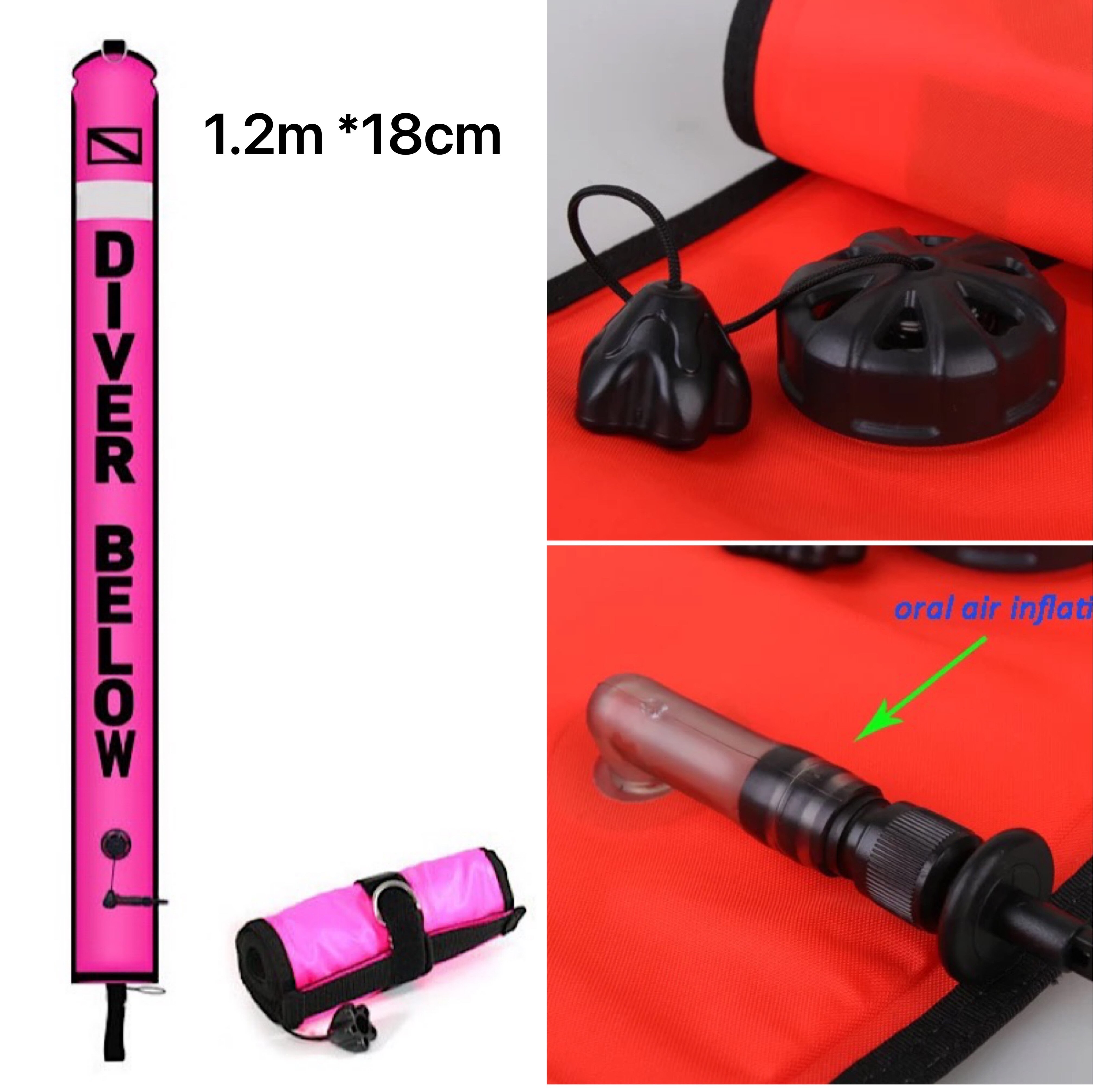 1,2/1.5/1,8 m Reflektierende Tauchen SMB Boje Zwei-Bühne Kopf Blasen Luft Mund Blasen 4,5 CM explosion-Proof Ventil Scuba Tauchen Ausrüstung: 1.2m 18cm  pink