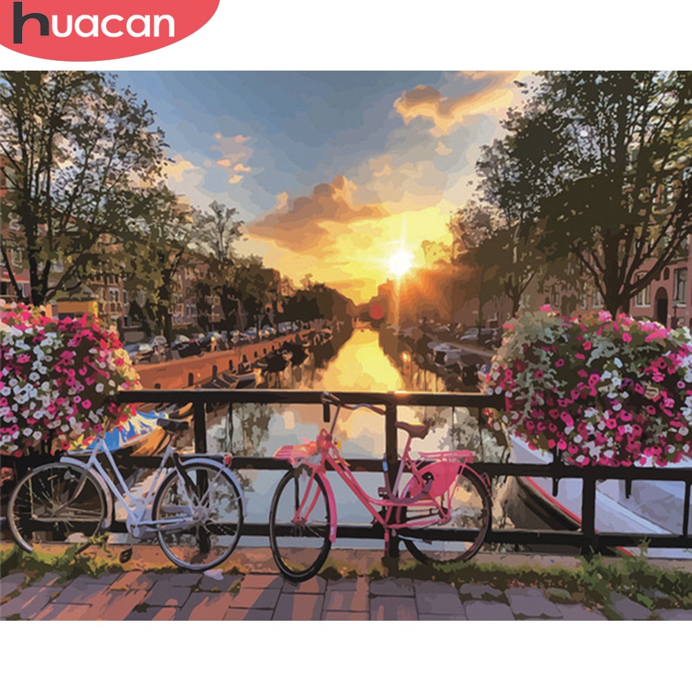 HUACAN, DIY, pintura al óleo por números, Kits de atardecer, dibujo de paisajes, cuadros pintados a mano, bicicleta, paisaje, decoración del hogar